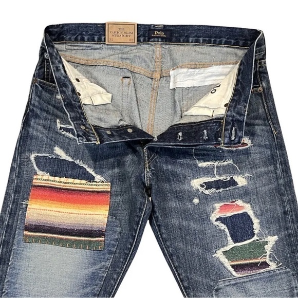 Polo Ralph Lauren Varick Slim Straight Serape Patch Distressed Denim Pants 34 30 - Picture 6 of 10